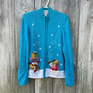 Vintage Tiara Int’l Aqua Christmas Sweater Cardigan  Size  XL Snowman